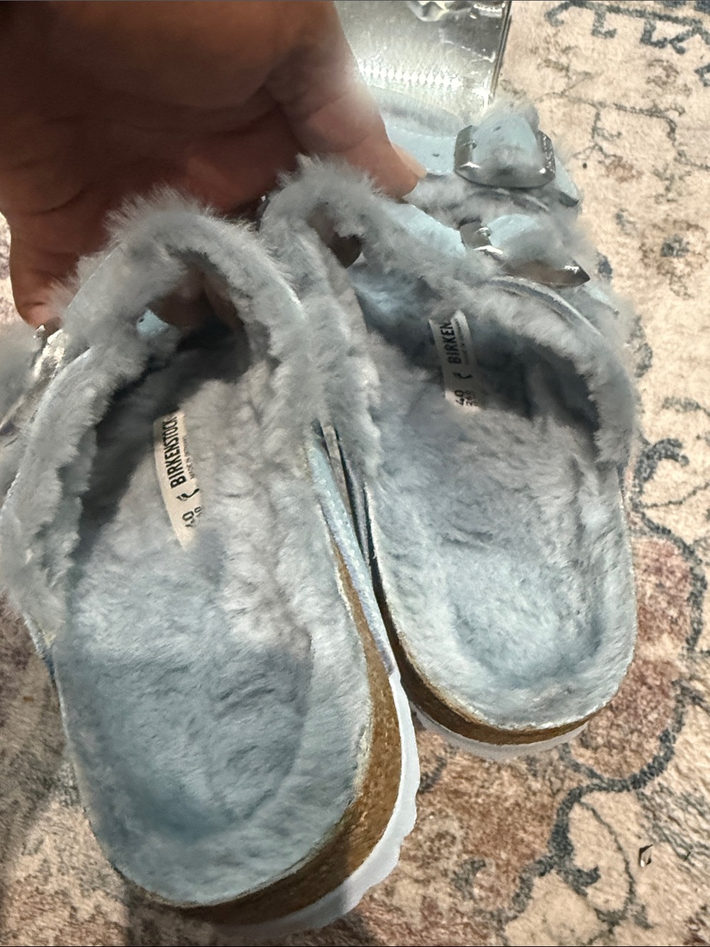 Birkenstock Silver-Gray Faux Fur Double Buckle Slides New - Picture 4 of 9